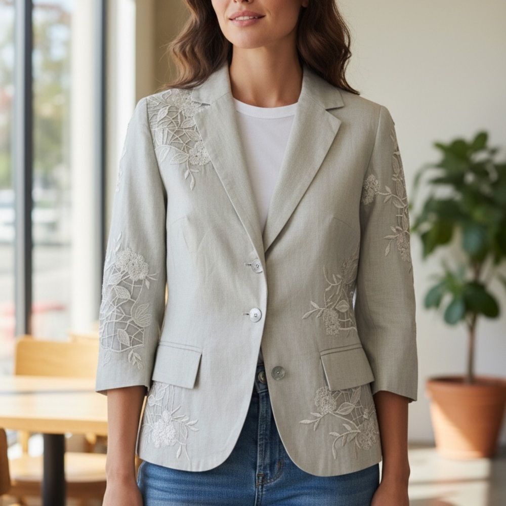 PUNT ROMA Linen Embroidered Blazer, 3/4 length sleeves  EUR 38, US 6
